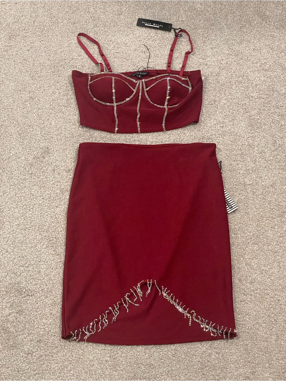 Haunte Monde Burgundy Crystal-Embellished Midi Skirt